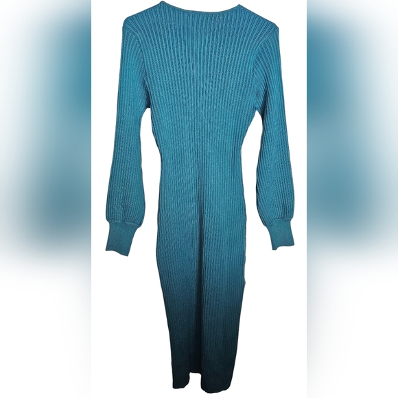 Deep Self Teal Blue Ribbed Knit Ruched Front Long Sleeve V-Neck Sweater Dress-M - Picture 4 of 7